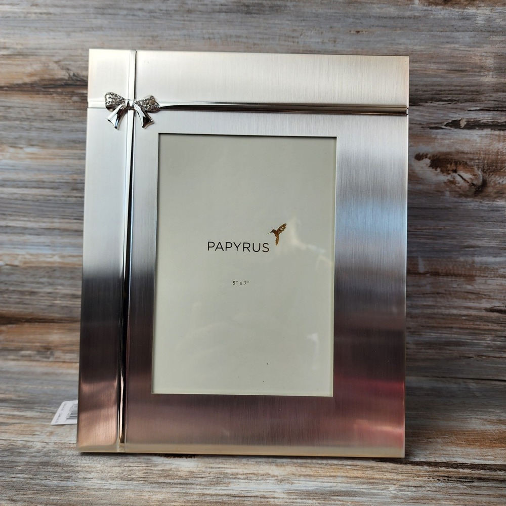 Papyrus Brushed Silver 5x7 Picture Frame Crystal Bow Embellished NWT Box